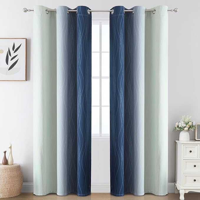 Estelar Textiler Navy Blue and Sage Green Ombre Blackout Curtains - Image 2