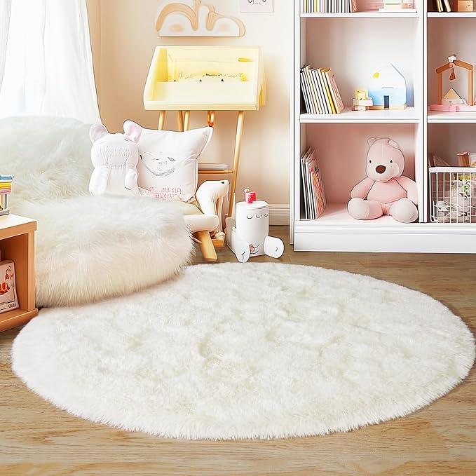 5'x5' Cream Round Rugs for Girls Bedroom, Ultra Soft Fluffy Circle Rug for Kids - Image 8