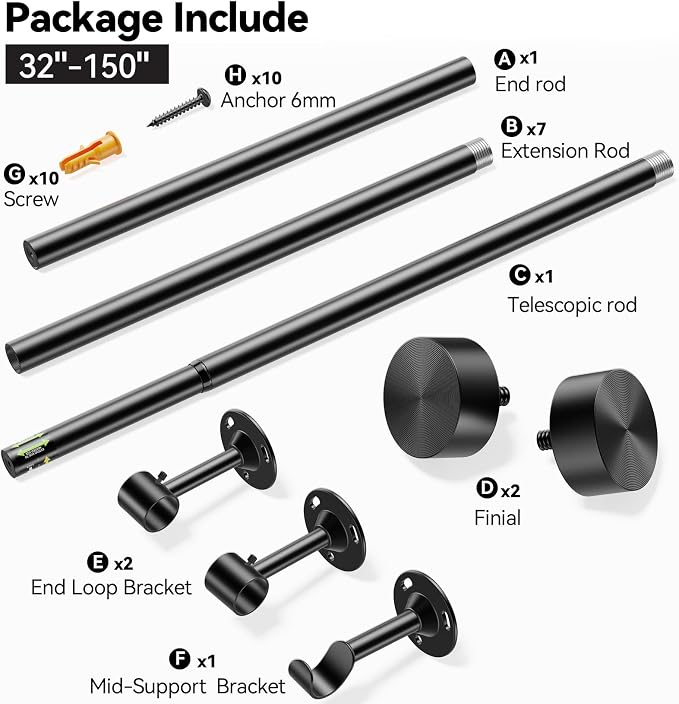 YaFex Heavy Duty Curtain Rods 32-150 Inch, 1 Inch Adjustable Black Curtain Rod - Image 7