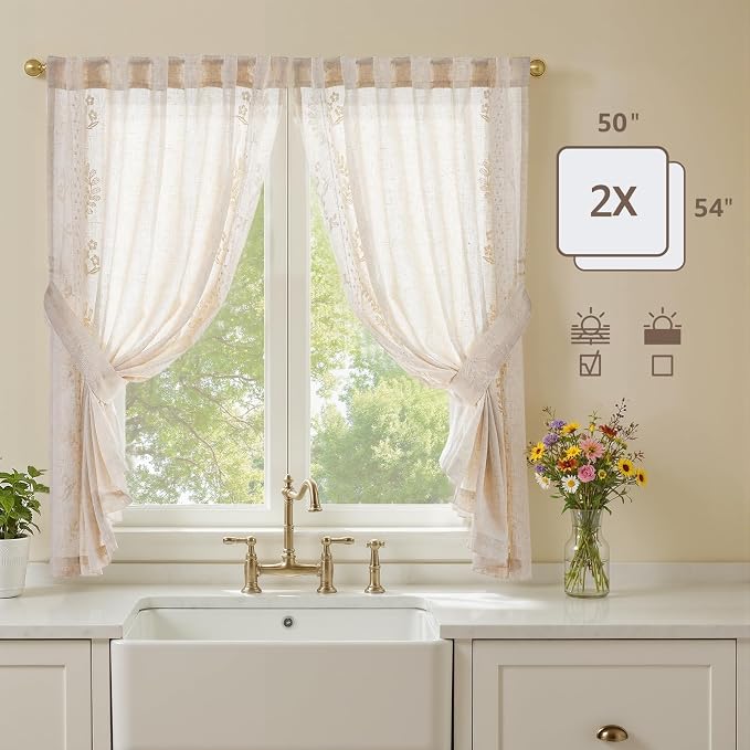 jinchan Belrose Linen Floral Cafe Curtains 54 Inch Length Embroidered Farmhouse - Image 5