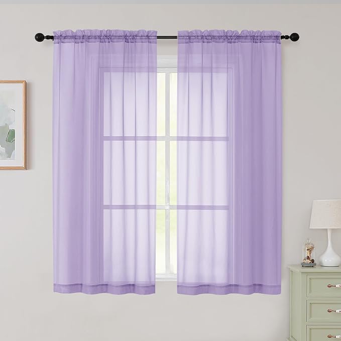 Sheer Lavender Curtains for Bedroom Living Room 54 Inch Length 2 Panels Set by WelvetBLK