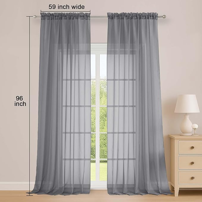 OWENIE Extra Long Grey Sheer Curtains 96 Inches Long 2 Panels Set, Soft - Image 2
