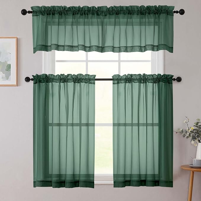 Kitchen Curtains 24 Inch Length Tier 2 Pieces, Hunter Green Sheer Curtain Solid - Image 8