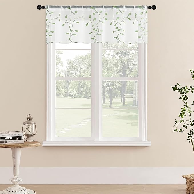 MRTREES Sheer Voile Curtain Valances 2 Panels, Sage Green Leaves Embroidered by MRTREES