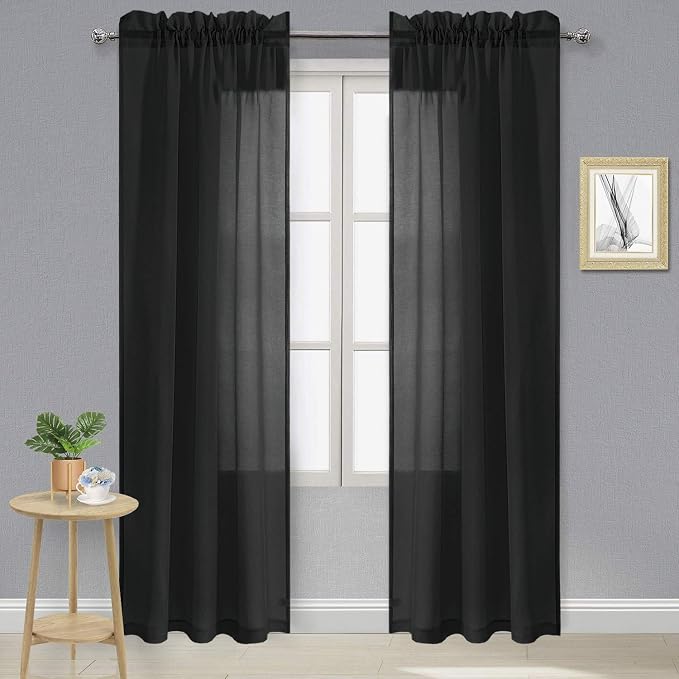 DWCN Black Sheer Curtains Semi Transparent Voile Rod Pocket Curtains by DWCN