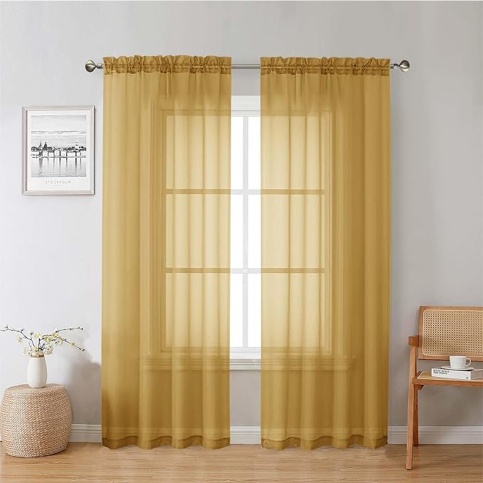 Lecloud Gold Sheer Curtains 78 Inches Long 2 Panels, Breathable Solid Voile by Lecloud