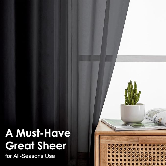 OVZME Black Sheer Curtains 84 Inches Long 2 Panel Sets, Solid Color Lightweight - Image 2