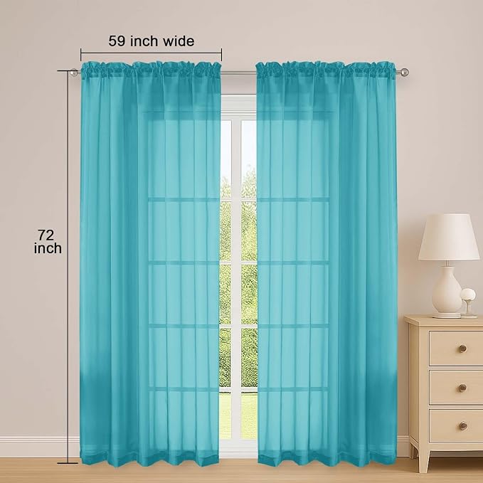 OWENIE Turquoise Sheer Curtains 72 Inches Long 2 Panels Set, Transparent Voile - Image 2