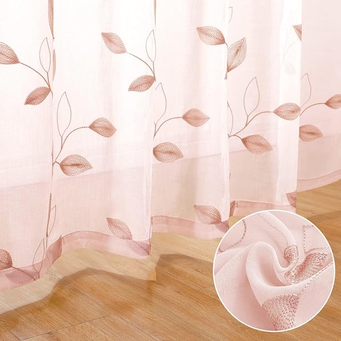 HOMEIDEAS Blush Pink Sheer Curtains 52 X 96 Inches Length 2 Panels Embroidered - Image 3