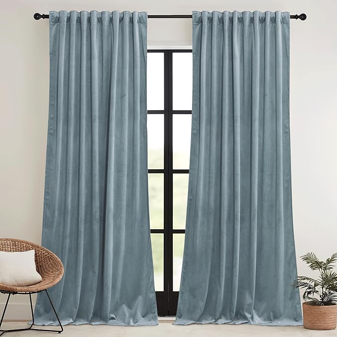RYB HOME Stone Blue Velvet Curtains 84 inches - Image 2