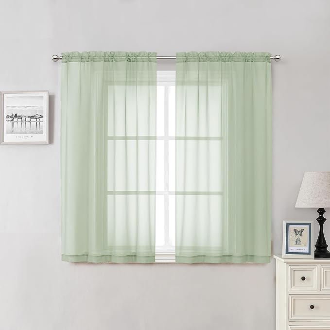 Lecloud Light Green Sheer Curtains 54 Inch Length 2 Panels, Voile Bedroom by Lecloud