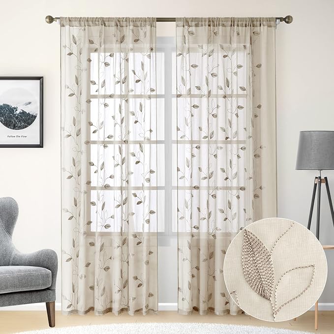 HOMEIDEAS Taupe Sheer Curtains 52 X 84 Inches Long 2 Panels Beige Embroidered by HOMEIDEAS
