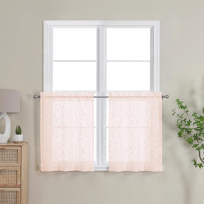 OWENIE Furman Blush Pink Sheer Curtains 24 inch Length 2 Panels Set - Image 2