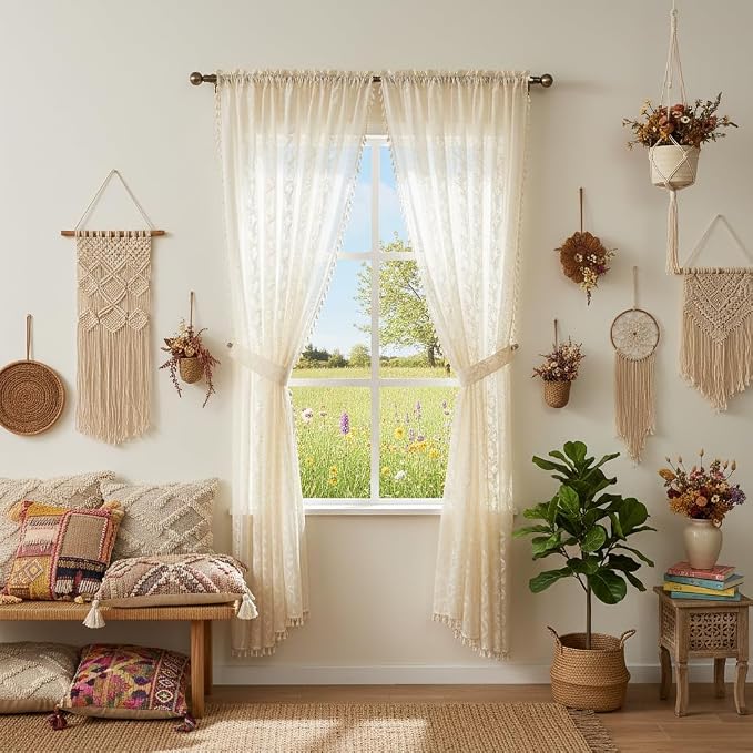 WAZZIO Boho Lace Curtains 2 Panels 72 Inches -Cute Vintage Victorian Sheer - Image 3