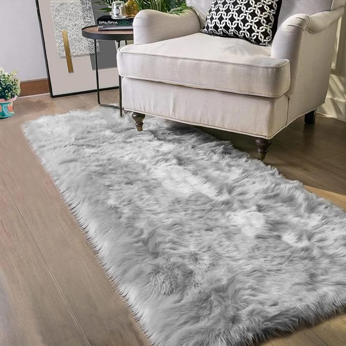 Latepis Grey Fluffy Rugs for Bedroom Rug Runner 2x5 Faux Sheepskin Fur Furry - Image 7
