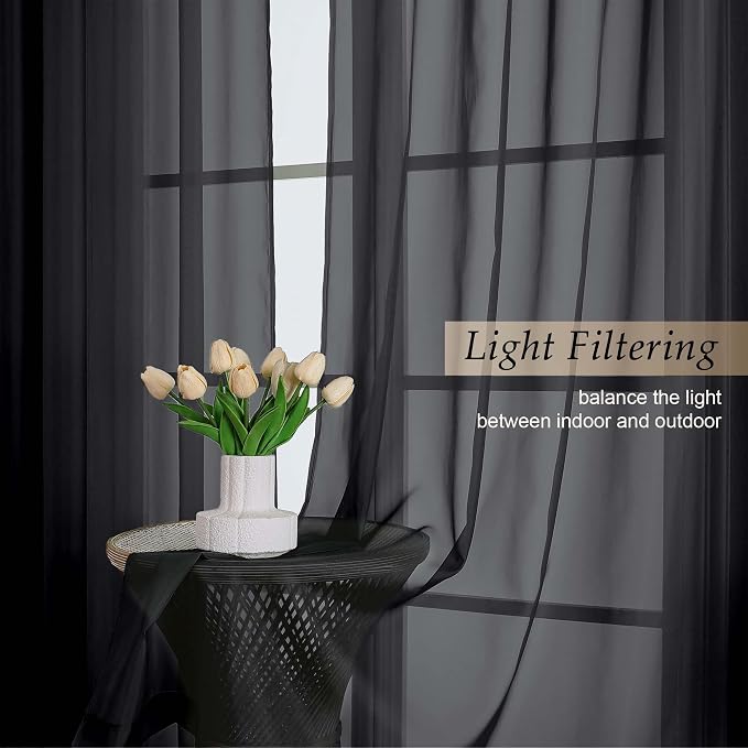 Black Sheer Curtains for Bedroom Living Room 96 Inches Long 2 Panels, Modern - Image 3