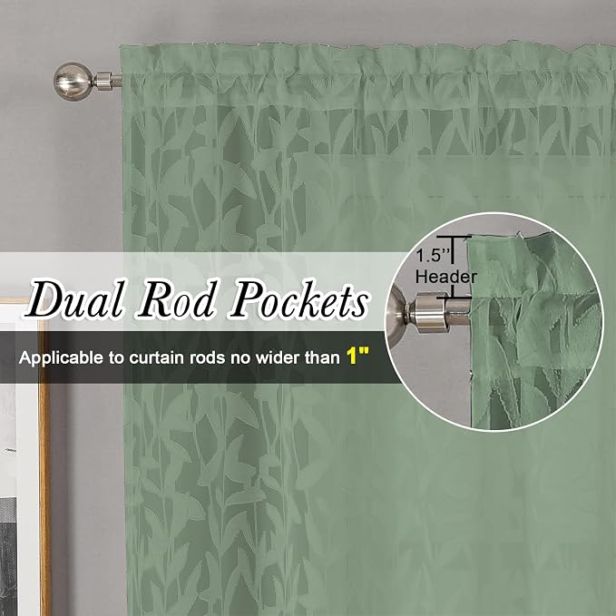 Lecloud Leia Sage Green Sheer Kitchen Curtains 30 Inch Length 2 Pcs, Jacquard - Image 5