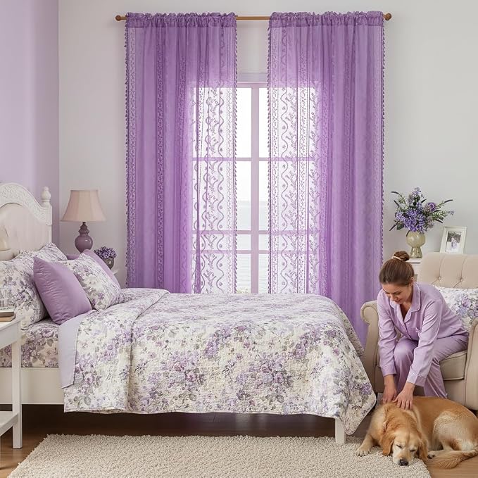 WAZZIO Boho Lace Curtains 84 Inch 2 Panels -Sheer Panel Drape Floral Pattern & - Image 2
