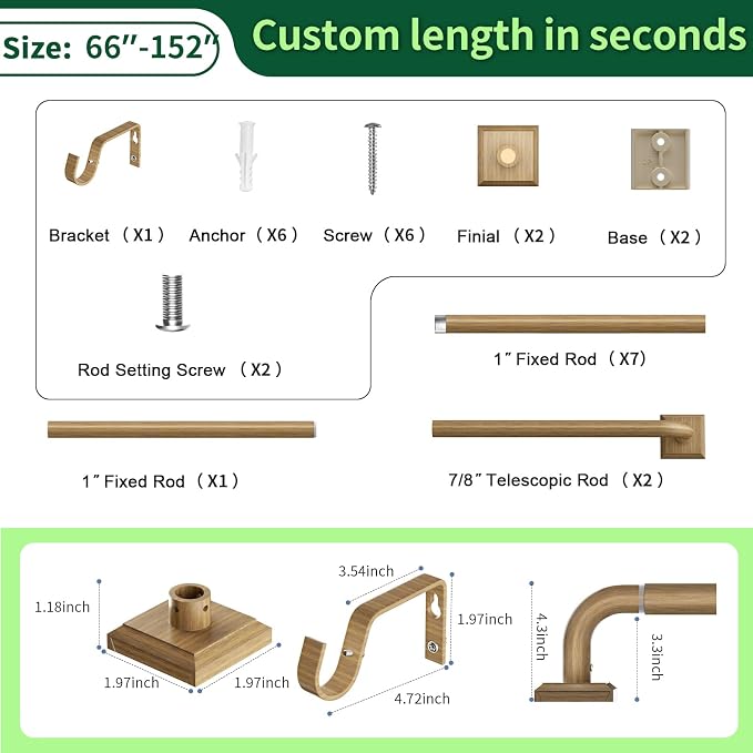 Boho Wood Grain Curtain Rods for Windows 66-152Inch Heavy Duty Wrap Around - Image 8