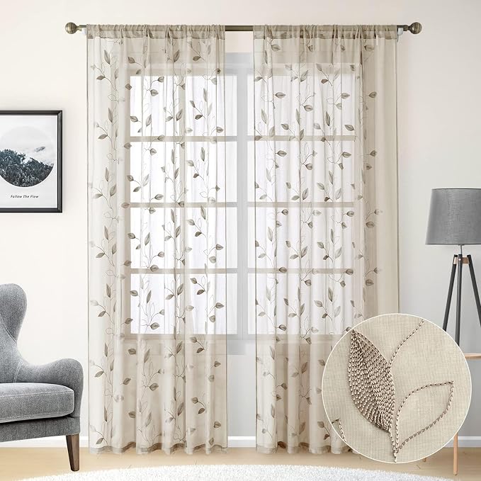 HOMEIDEAS Taupe Sheer Curtains 52 X 96 Inches Long 2 Panels Beige Embroidered by HOMEIDEAS