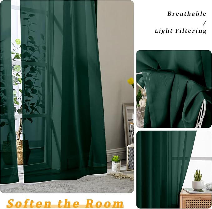 Gwine Hunter Green Sheer Curtains 90 Inches Long 2 Panels Set, Light Filtering - Image 3