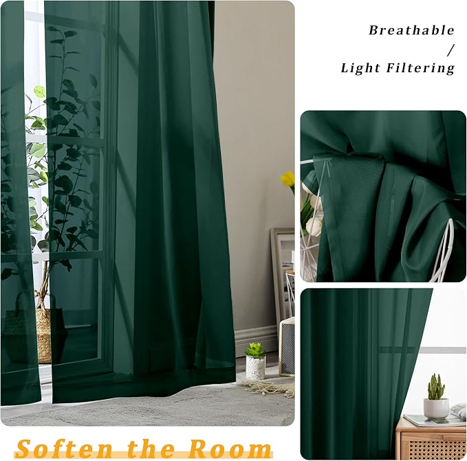 Gwine Hunter Green Sheer Curtains 96 Inches Long 2 Panels, Elegant Window - Image 3