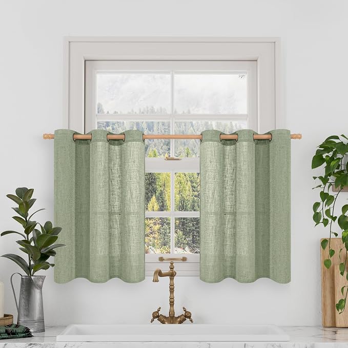 LAMIT Short Linen Window Curtains 30 inches Long 2 Panels, Sage Green Semi by LAMIT