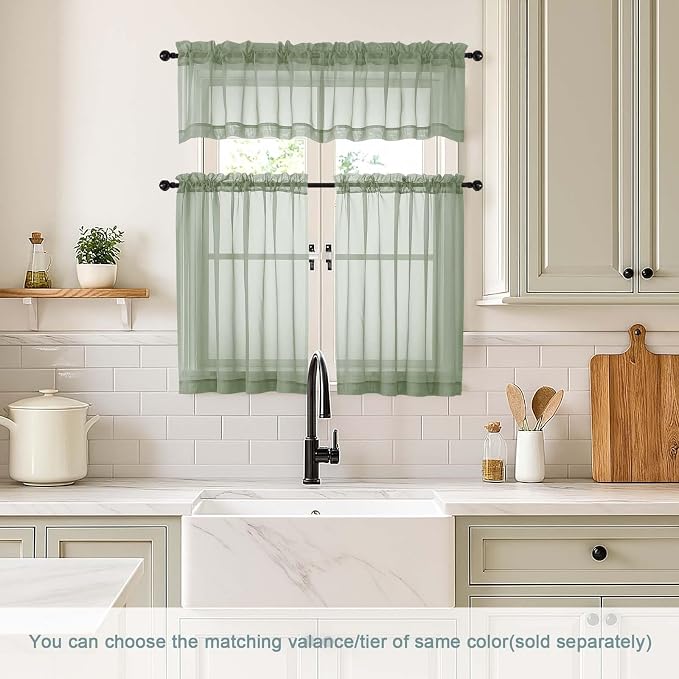 Sage Green Small Sheer Curtains 2 Panels Set, Kitchen Curtains 36 Inch Length - Image 2