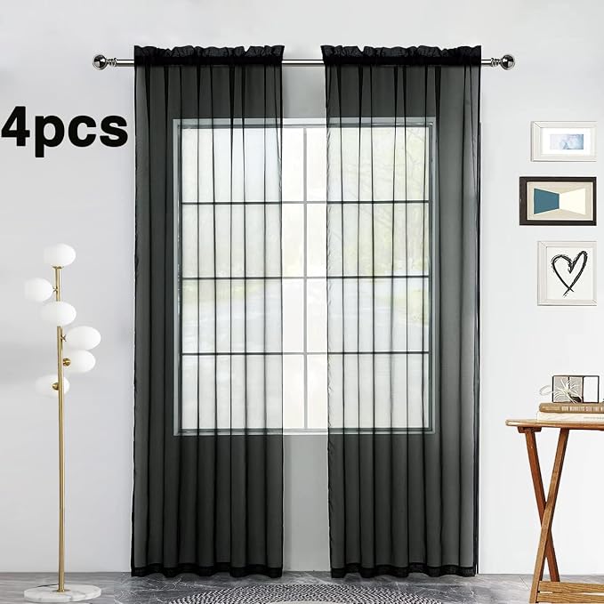 SpaceDresser Black Sheer Curtains 4 Panels Rod Pocket Semi-Sheer Curtain 63 - Image 2