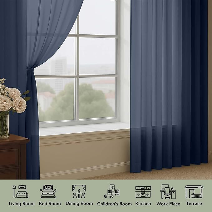 OWENIE Extra Long Navy Blue Sheer Curtains 96 Inches Long 2 Panels Set - Image 3