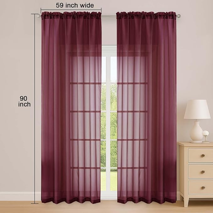 OWENIE Sheer Curtains 84 Inches Long 2 Panels Set, Burgundy Sheer Curtain - Image 5