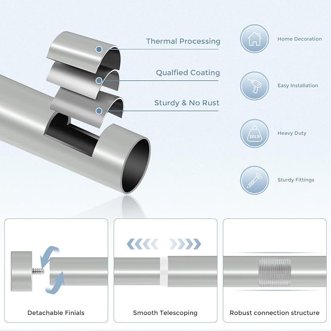 VOIIY Silver Curtain Rods for Windows 66 to 120 Inch, Size:36-120 Inch - Image 7