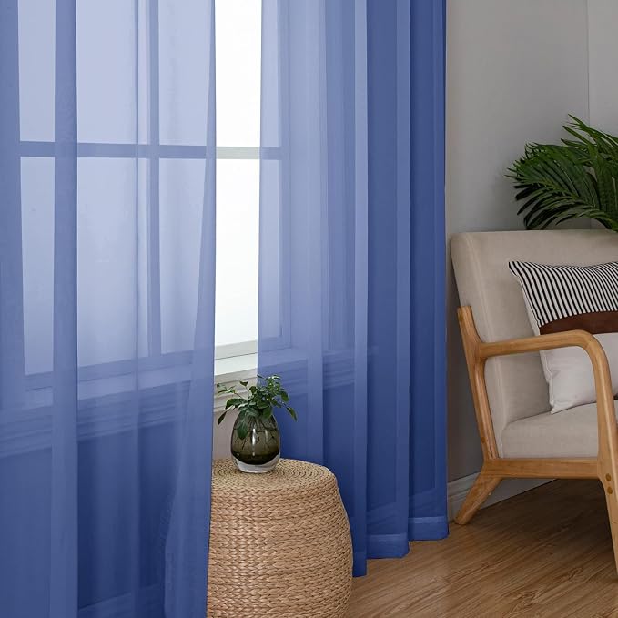 Aiyufeng Royal Blue Sheer Curtains 63 Inch Length 2 Panels Set, Semi - Image 5
