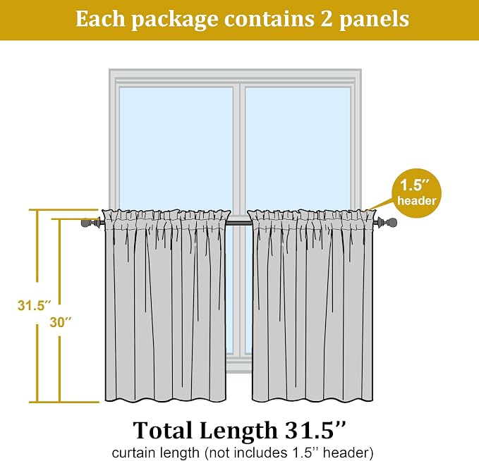 OWENIE Short Lemon Sheer Curtains 30 Inch Length 2 Panels Set, Kitchen Curtains - Image 2
