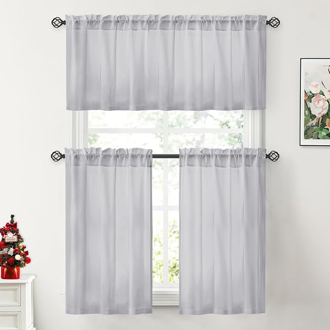 HOMEIDEAS Non-See-Through Light Grey Privacy Sheer Kitchen Curtains, 30 X 24 - Image 2