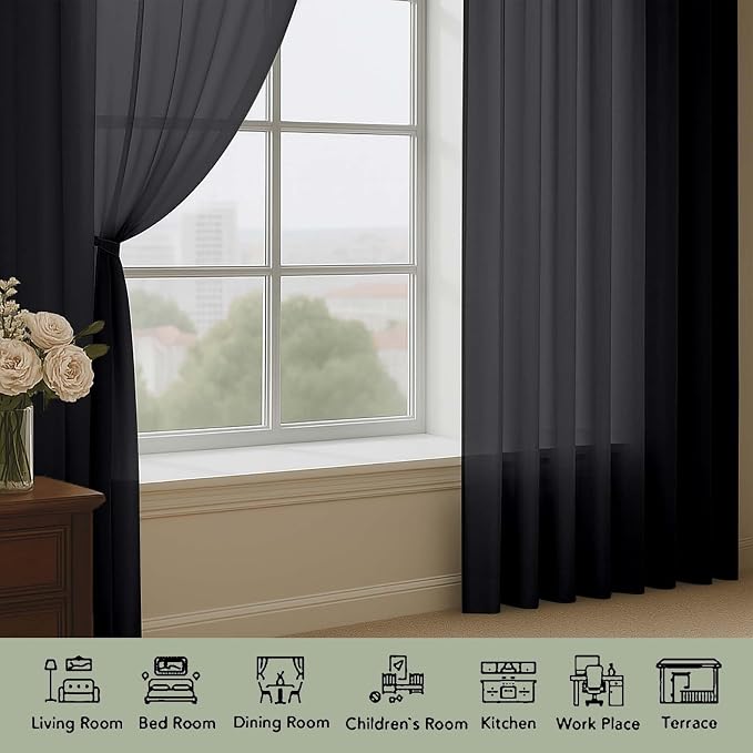 OWENIE Extra Long Black Sheer Curtains 144 inch 2 Panels Set, Translucent - Image 6