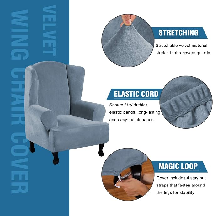 H.VERSAILTEX Wingback Chair Covers Velvet Plush Wing Chair Slipcover 1 Piece - Image 2