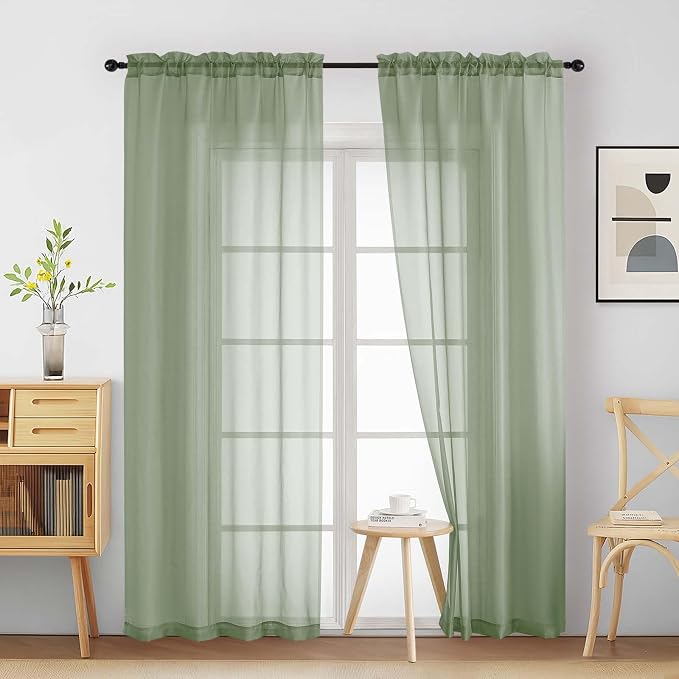 Sage Green Sheer Curtains 90 Inches Long 2 Panels, Light Filtering Solid Sheer by Home