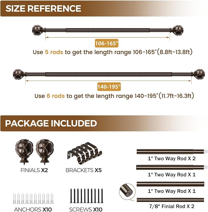 KAMANINA 1 Inch Extra Long Curtain Rod 140 to 195 Inches Bronze Heavy Duty - Image 9