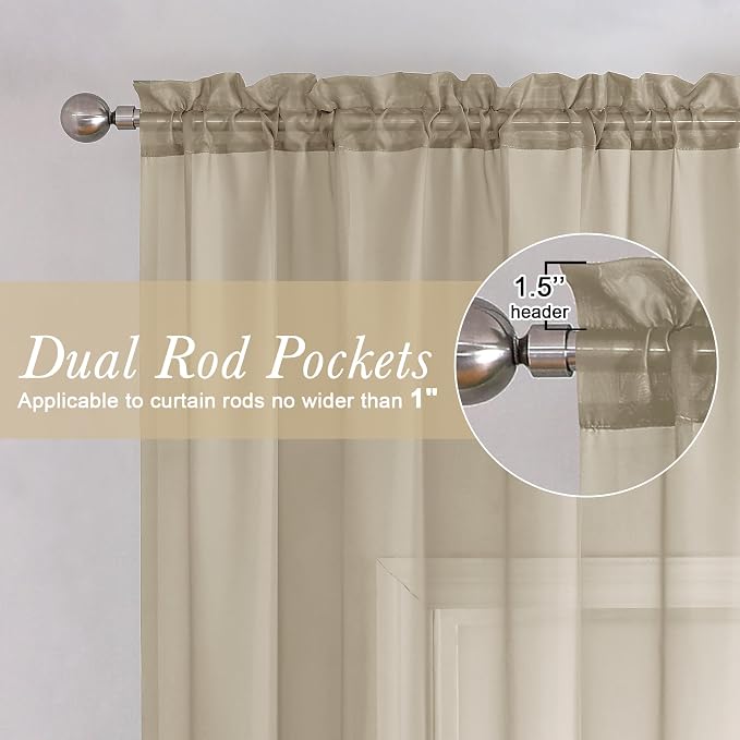 Lecloud Taupe Sheer Curtains 72 Inch Length 2 Panels, Light Filtering Soft - Image 2