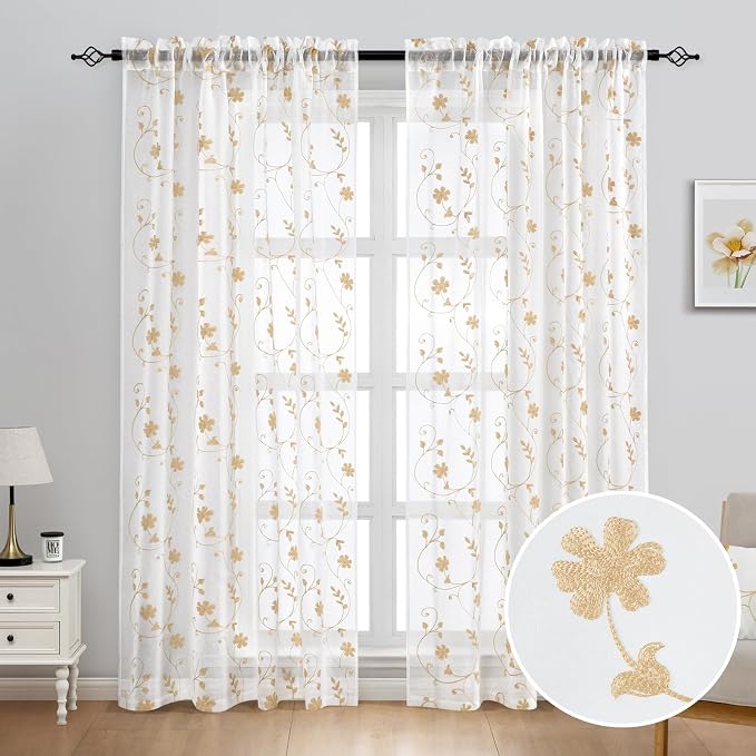 HOMEIDEAS Yellow Sheer Curtains 84 Inches Long 2 Panels Yellow and White - Image 2