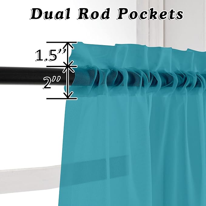 OVZME Turquoise Sheer Curtains 36 inches Long, Short Kitchen Window Treatment - Image 3