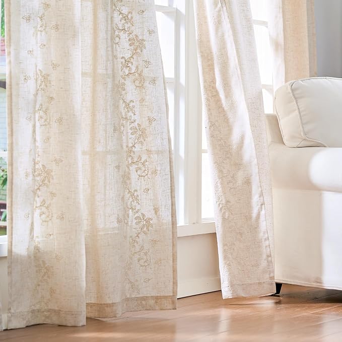 jinchan Evelyn Embroidered Linen Curtains Ivory Farmhouse Floral Window Drapes - Image 4