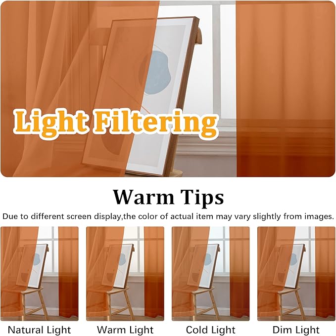 Gwine Burnt Orange Sheer Kitchen Curtains 36 Inch Length, Light Filtering Voile - Image 5