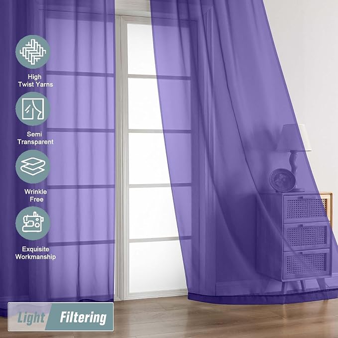 Purple Sheer Curtains for Window 96 Inches Long 2 Panels Set, Soft Airy Light - Image 5