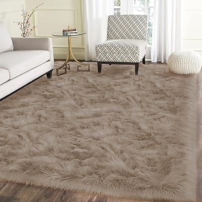 Latepis Light Brown Beige Living Room Rugs Faux Sheepskin Fur 5x7 Area Rugs by Latepis