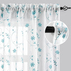 HOMEIDEAS White and Blue Embroidered Floral Sheer Curtains 63 Inch Length 2 - Image 6