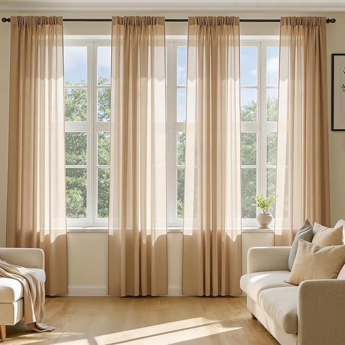 MIULEE Brown Sheer Curtains 90 Inches Long, 4 Panels Set, Rod Pocket Voile by MIULEE