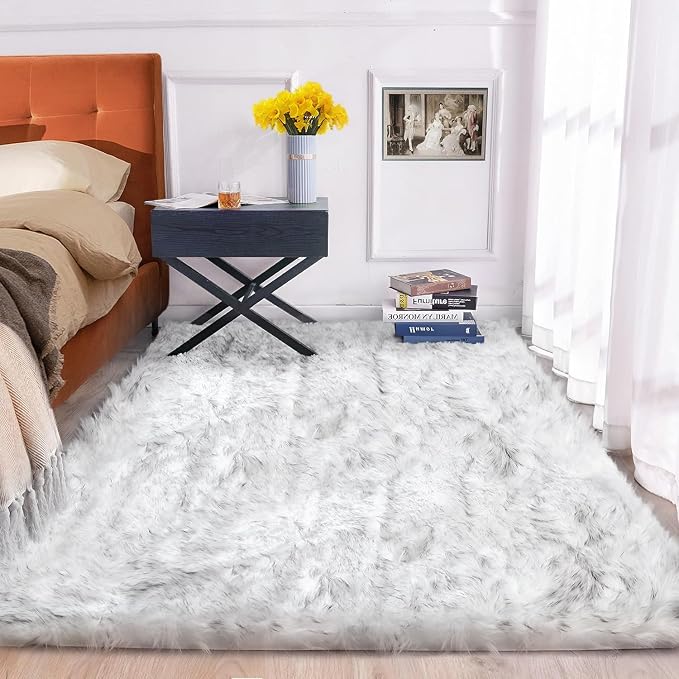 ORINOVA White and Grey Faux Shaggy Fur Rug - Image 7