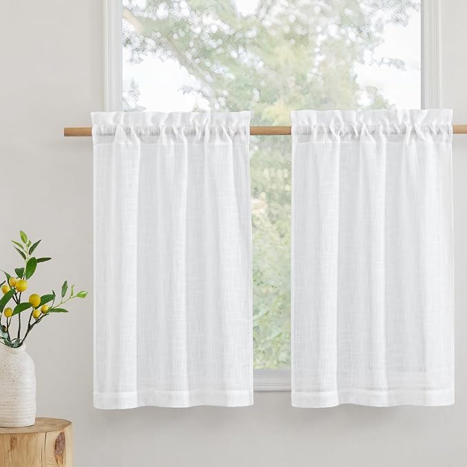 RYB HOME Cafe Curtains 24 inches Length, Linen Sheer Short Curtains by RYBHOME